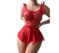 Body Femme Lingerie Sexy Nuisettes Maille Transparente sans Manches Motifs Cœurs Lacets Teddy Bodysuit Combinaison Une Pièce Jumpsuit Stretch Chic avec Ceinture Amovible Rouge Noël (L)