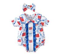 Body Fille Bébé Manches Courtes Fête Nationale 4 Juillet Imprimé Volants Grenouillère Nouveau-nés Bandeau Ensemble Maille Coton Mélangé