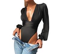 Body for femmes col en V profond plissé à manches longues Body, solide cache-cœur hauts Body combinaison (Color : Black, Size : M)