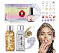 Body Glitter et Strass Dentaire - Kit 2-en-1 Paillettes Or et Argent + Gemmes pour Festival, Carnaval, Halloween, Soirée - Non Comestible et Facile à Enlever