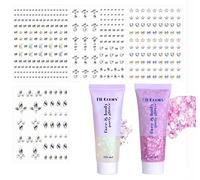 Body Glitter Gel 2 * 50 ml+Autocollant de visage, Paillettes de visage, Body Gel paillettes Shimmer liquide fard à paupières, Paillettes Chunky Holographique Laser poudre Festival Glitter
