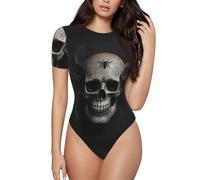 Body imprimé à manches courtes pour femme avec motif tête de mort et araignée, noir, X-Large