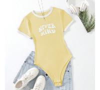 Body imprimé d'un slogan à col rond et à manches courtes, style décontracté pour femmes L,M,S,XL,XSBlocs de couleur,Lettres,SloganTissu tricoté