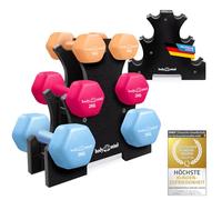 Body & Mind® Set de 2 haltères de gymnastique Dumbbells Haltères courts ; Entraînement de force efficace avec différents poids ; Fitness Workout à domicile (Support à 3 niveaux, 6 haltères inclus)