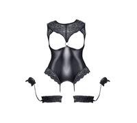 Body Ouvert Effet Cuir & Dentelle Avec Jarretelles Menottes
