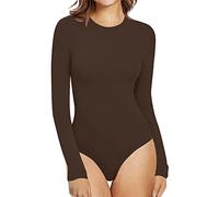 Body pour femme en coton à manches longues Fermeture à l'entrejambe Ajustement parfait Body opaque pour le sport Body pour femme en coton fin basique doux, Café A5, M