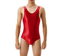 Body pour homme effet mouillé - Gilet de gym - En cuir - Effet laqué - Avec fermeture éclair - Ouvert - Boxer - Pantalon transparent - Lingerie pour homme - Combinaison en latex, rouge, XL