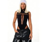 Body sans manches noir à encolure ras-du-cou avec panneau frontal à découpes en échelle et détails de laçage sur les côtés pour une soirée, une fête d'été Taille UniqueGéométriqueTissu tricoté