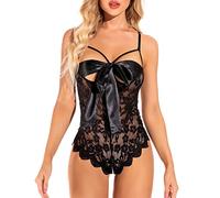 Body Sexy avec NœUds sur Le Devant pour Femmes Teddy Lingerie à LanièRes Creuses en Dentelle Florale Chemise De Nuit Ouverte Et Transparente (Le Noir,L)