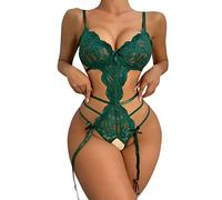 Body sexy en dentelle à l'entrejambe à boutons-pression pour femme avec décolleté plongeant en V profond et armatures, Vert, L