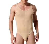 Body sexy en dentelle pour homme - Transparent - Sans manches - Sous-vêtement musclé - T-shirt de lutte - Une pièce - Sissy - Lingerie de nuit, kaki, L