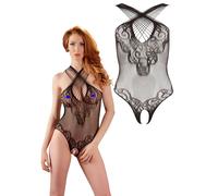 Body sexy femme en maille et dentelle noire transparente body perizome...