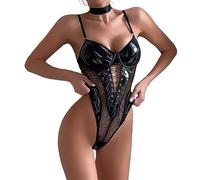 Body Sexy Femme érotique en Cuir PU Push up Dos Nu Lingerie Sexy Femme Coquine Hot Luxe BDSM Justaucorps Teddy Bodysuit Femme Fishnet Transparent sous Vetement Femme Latex Simili Cuir (Black, M)