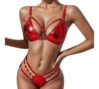 Body Sexy Femme érotique- Mode Lingerie 2pack PU Cuir Harnais Lingerie Ensemble avec Chaîne Liée Main Anneau (Red XL)