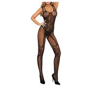 Body Sexy Femme érotique Ouvert Entrejambe Filet Bodystocking Collant Curvy Résille Bodysuit Femme Dos Nu Bretelles Transparente Lingerie Sexy Femme Coquine Hot Combinaison (Black, One Size)