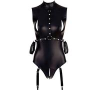 Body Sexy Femme Érotique Ouvert Entrejambe Zippée en Cuir PU - Porte Jarretelle Lingerie Coquine Hot Sein Nu Justaucorps Babydoll Teddy Club Libertin BDSM (Black, XL)