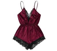 Body sexy pour femme à lanières et col en V profond avec bordure en dentelle en satin une pièce douce et confortable, Vin, XL