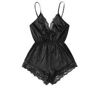 Body sexy pour femme à lanières et col en V profond avec bordure en dentelle en satin une pièce douce et confortable, Noir, XL