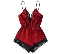 Body sexy pour femme à lanières et col en V profond avec bordure en dentelle en satin une pièce douce et confortable, rouge, XL