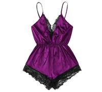Body sexy pour femme à lanières et col en V profond avec bordure en dentelle en satin une pièce douce et confortable, violet, XL