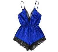 Body sexy pour femme à lanières et col en V profond avec bordure en dentelle en satin une pièce douce et confortable, bleu, XL