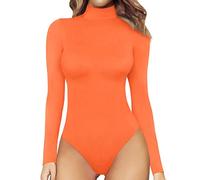 Body Shaper Femme Manches Longues - Élégant Bodies Sexy Bodysuit avec Col Roulé Femmes Shaping Bodys Shapewear Moulant Métal Jumpsuit Pyjama Playsuit Tops Chemise à Manches Longues, Orange, S