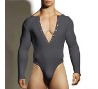 Body triangle décontracté pour homme, barboteuse, respirant, col en V, manches longues, convient pour une utilisation en toute année (S, gris)