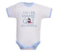 bodybebepersonnalise.fr Body bébé manches courtes mamie qui déchire, 100% coton extra doux, texte rigolo, vêtement fille et garçon - blanc/bleu, 0-3 mois