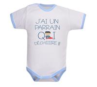 bodybebepersonnalise.fr Body bébé parrain qui déchire, body humour, texte marrant, parrain, 100% coton, douceur et confort - blanc/bleu, 3-6 mois