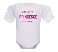 bodybebepersonnalise.fr Body fille, bodies humour, enfant, message rigolo, brassière bébé, princesse, manches longues, pressions entrejambe - blanc, 3-6 mois