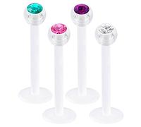 bodyjewellery Lot de 4 boules de cristal flexibles pour labret, cartilage, tragus, hélix, monroe, conque, auricule, 16 g, Acrylique, cristal, métal, plastique, na
