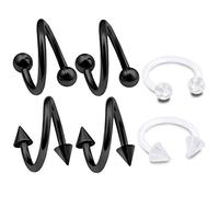 bodyjewellery Lot de 6 piercings en spirale anodisé noir de 16 g pour cartilage, lèvre, tragus, hélix, barre torsadée, boules ACVS, taille au choix, Acier inoxydable, Sans_pierre