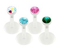 Bodyjewelrytrend Lot de 4 piercings à paillettes pour labret, hélix, filetage intérieur, bioflex, 1,2 mm x 6 mm, Cristal Acrylique, Cristal