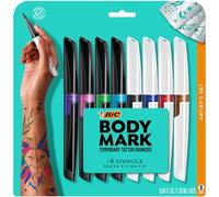 BODYMARK BIC Lot de 8 marqueurs de tatouage temporaire avec couleurs vives et pointes mixtes, encre assortie