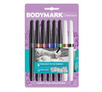 BodyMark by BIC Collection, 8 Stylos de Tatouage Temporaire (6 pointes pinceaux + 2 pointes fines), 3 Pochoirs - Pack de 8+3