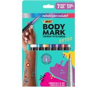 BodyMark Marqueur de tatouage temporaire des années 90 pour la peau, 4 métalliques, 3 couleurs vives, 1 stylo gomme, pointe pinceau à poudre flexible, sans danger pour la peau, qualité cosmétique, 8