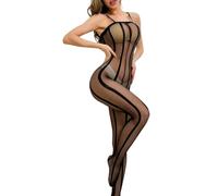 Bodystocking Femme Sexy Lingerie Transparente Resille à Rayures Combinaison Coquine Hot sans Manches Body Bas Nuisette Catsuit Tenue Anniversaire Noel Fete Festival Deguisement Noir Rouge (Noir)