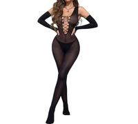 Bodystocking Sans Manches pour Femmes Body Sans Manches Matte Full-Body Bodysuit Crossed Chest Straps Deep V Jumpsuit Inclut Des Gants