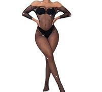 Bodystocking Sexy Femme érotique Filet Strass Body Femme Transparent Manches Longues Club libertin Epaule Denudee Combinaison Femme Moulante Collant Bas Resille Catsuit Lingerie (Black, One Size)