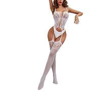 bodystocking sexy femme érotique ouvert body transparent femme dos nu fines bretelles tenue lingerie femme dentelle ajouree combinaison femme sexy moulante bas resille collant (White, One Size)