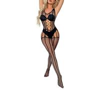 Bodystocking Sexy Femme érotique Ouvert Lingerie Sexy Femme Coquine Hot Combinaison Femme Moulante Collant Bas Resille Body Dentelle Femme Transparent sans Manches Pas Cher (Black, One Size)