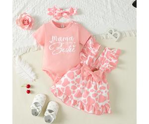 Bodysuit Graphique De Lettre De Bébé Fille & Jupe Salopette Globale Avec Impression De Vache Et Nœud Avant & Bandeau 6-9M,9-12M,12-18M,18-24M,3-6MAnimalCoton