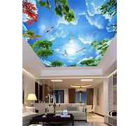 BOEERLCNL Papier peint de plafond autocollant en PVC 3D mural beau ciel bleu blanc nuages branches d'arbres décoration maison hôtel plafond décoratif art mural
