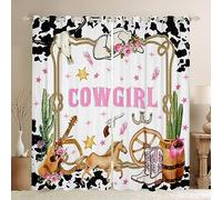 Böhmische Cowgirl Rideau pour chambre à coucher, motif de cheval de dessin animé, chapeau de guitare, bottes western, fenêtre rideau pour filles adolescents, fleurs roses, lait, fourrure de lait