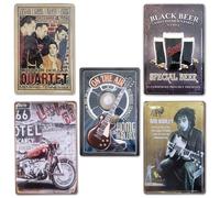 BOEMY Plaques de musique vintage | Cassette & Guitare | Set de 6 affiches/plaques métalliques décoratives rétro de musique pour mur de salon, bar, studio | Taille 20 x 30.