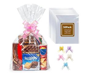 Boensi - 50 Sacs en Cellophane avec Noeuds, 40x50cm - Sachets Cadeaux Transparents pour Paniers Cadeaux, Halloween, Pâques, Noël - Emballage pour Corbeilles de Fruits et Cadeaux
