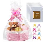 Boensi - 8 Sacs en Cellophane Grand Format avec Noeuds, 60x75cm - Sachets Cadeaux Transparents pour Paniers Cadeaux, Halloween, Pâques, Noël - Emballage pour Corbeilles de Fruits et Cadeaux