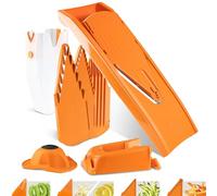 Börner Mandoline V1 (Set Professionnel) • Coupe Légumes + 4 Inserts, Porte-fruits, Station d'accueil, Boîte de Rangement • Mandoline Réglable • Tranches, Juliennes, Dés (Orange)
