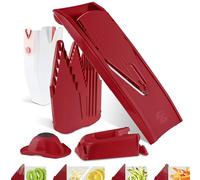 Börner Mandoline V1 (Set Professionnel) • Coupe Légumes + 4 Inserts, Porte-fruits, Station d'accueil, Boîte de Rangement • Mandoline Réglable • Tranches, Juliennes, Dés • Rouge