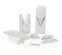 Coupe Légumes V3 (Set Plus) • Mandoline en V avec Bol Collecteur & Coupe-Spirale • Coupe-légumes Réglable pour tranches, bâtonnets, dés • Set de Mandoline de Cuisine • Couleur: Blanc